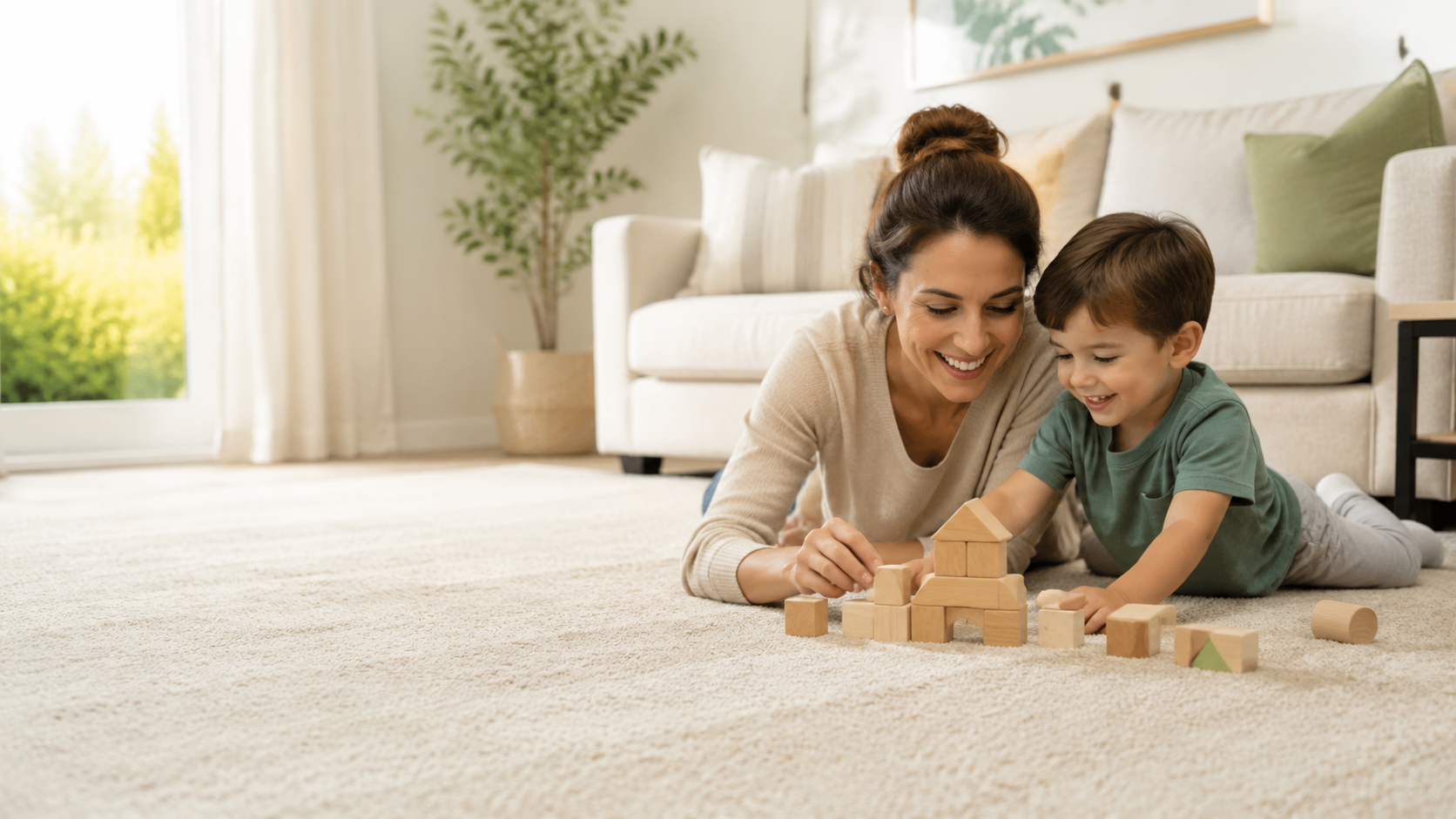 Mother and child playing on a freshly cleaned carpet in a bright Central Florida living room